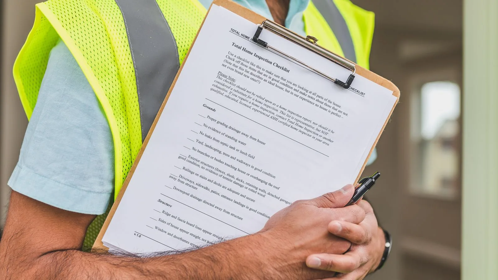 A technician holding a clipboard with a septic and drainage inspection checklist